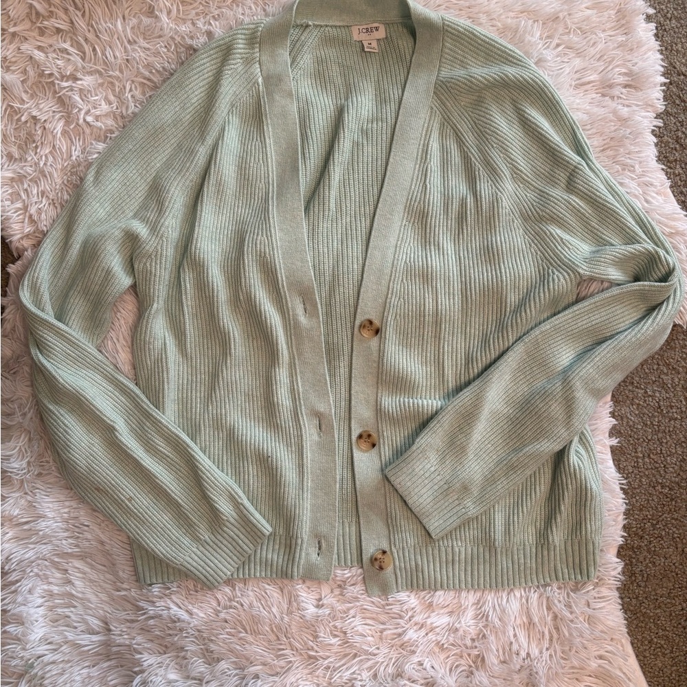 J.Crew Mint Green Cardigan M Ribbed Button Front Soft Pastel Sweater Preppy